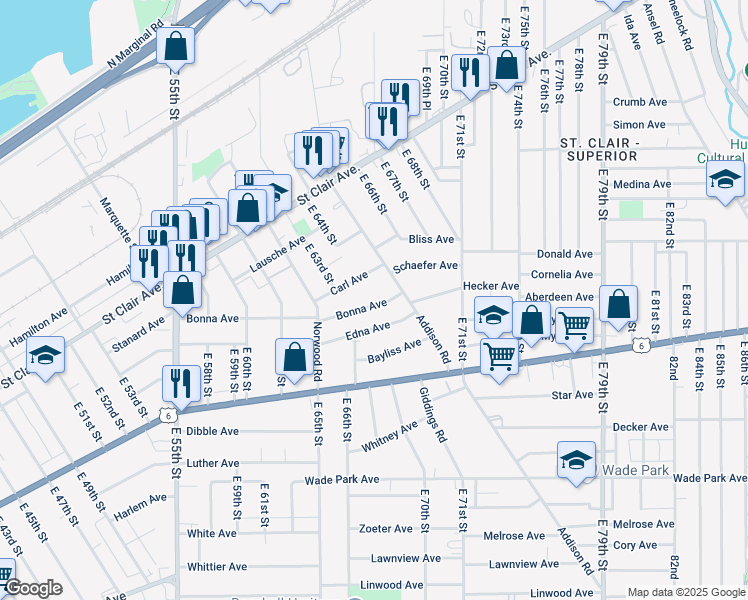 map of restaurants, bars, coffee shops, grocery stores, and more near 6719 Bonna Avenue in Cleveland