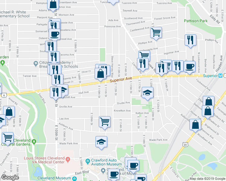 map of restaurants, bars, coffee shops, grocery stores, and more near 1336 East 112th Street in Cleveland