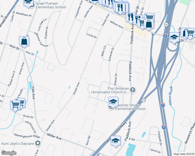 map of restaurants, bars, coffee shops, grocery stores, and more near 76 John George Drive in Meriden