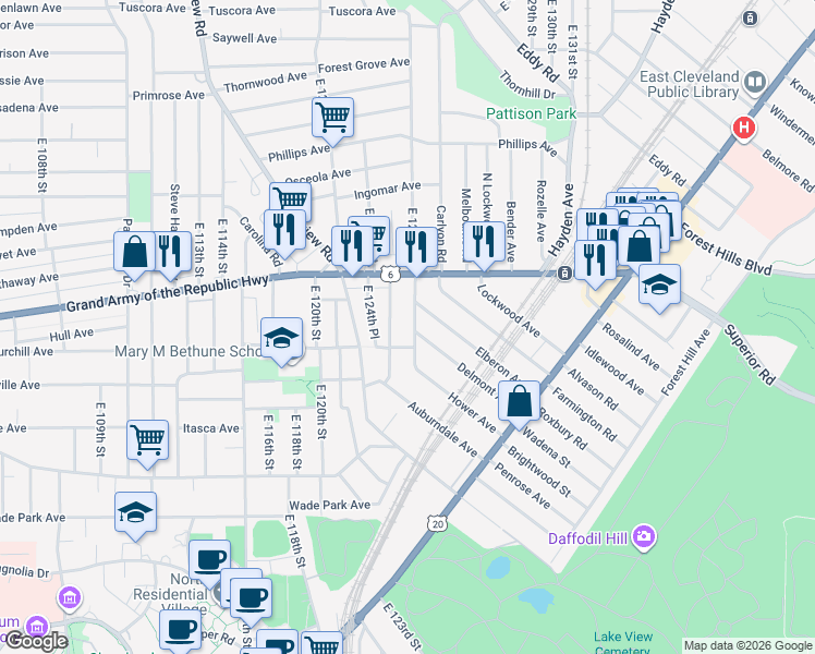 map of restaurants, bars, coffee shops, grocery stores, and more near 1354 East 125th Street in Cleveland