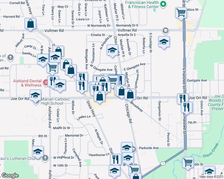 map of restaurants, bars, coffee shops, grocery stores, and more near 133 West Joe Orr Road in Chicago Heights