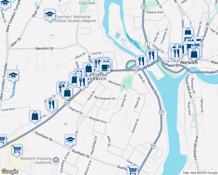 map of restaurants, bars, coffee shops, grocery stores, and more near 14 Swan Avenue in Norwich