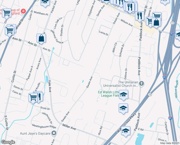 map of restaurants, bars, coffee shops, grocery stores, and more near 329 Swain Avenue in Meriden