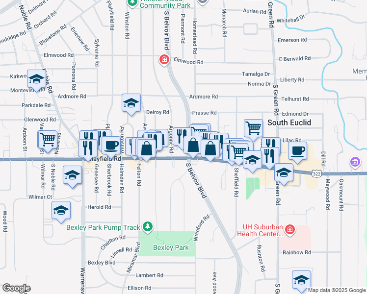 map of restaurants, bars, coffee shops, grocery stores, and more near 1414 South Belvoir Boulevard in South Euclid