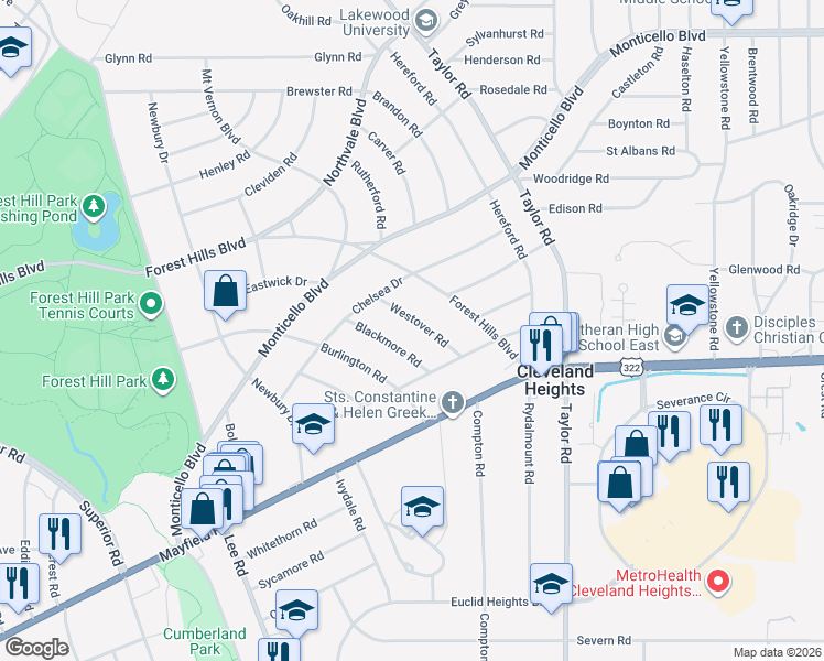map of restaurants, bars, coffee shops, grocery stores, and more near 1437 Blackmore Road in Cleveland Heights