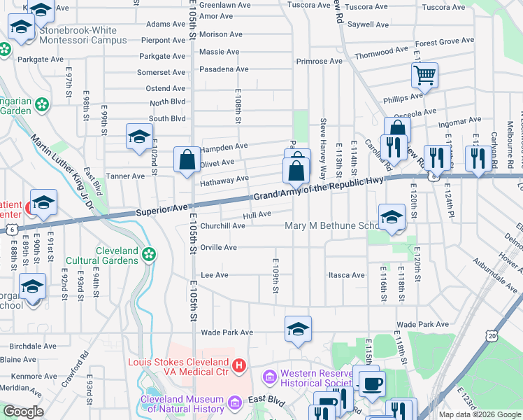 map of restaurants, bars, coffee shops, grocery stores, and more near 1314 East 108th Street in Cleveland
