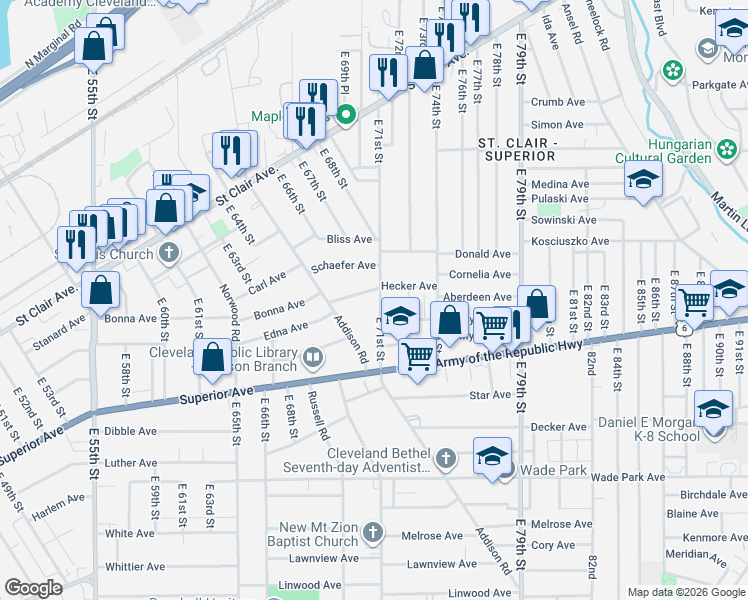 map of restaurants, bars, coffee shops, grocery stores, and more near 7004 Hecker Avenue in Cleveland