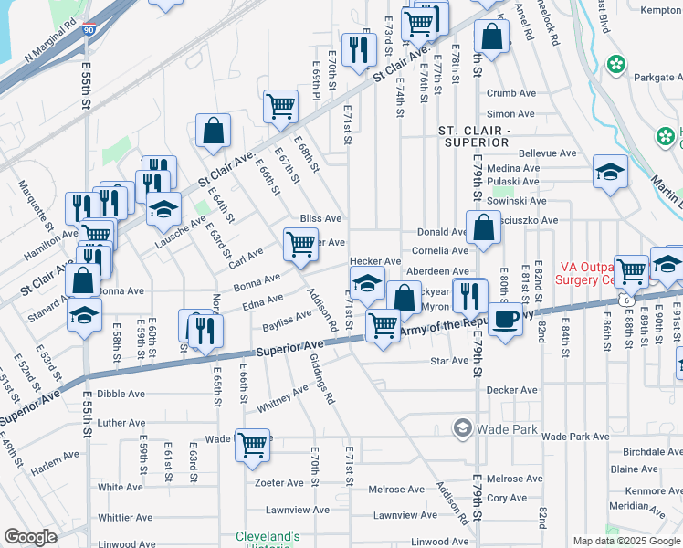 map of restaurants, bars, coffee shops, grocery stores, and more near 7004 Hecker Avenue in Cleveland
