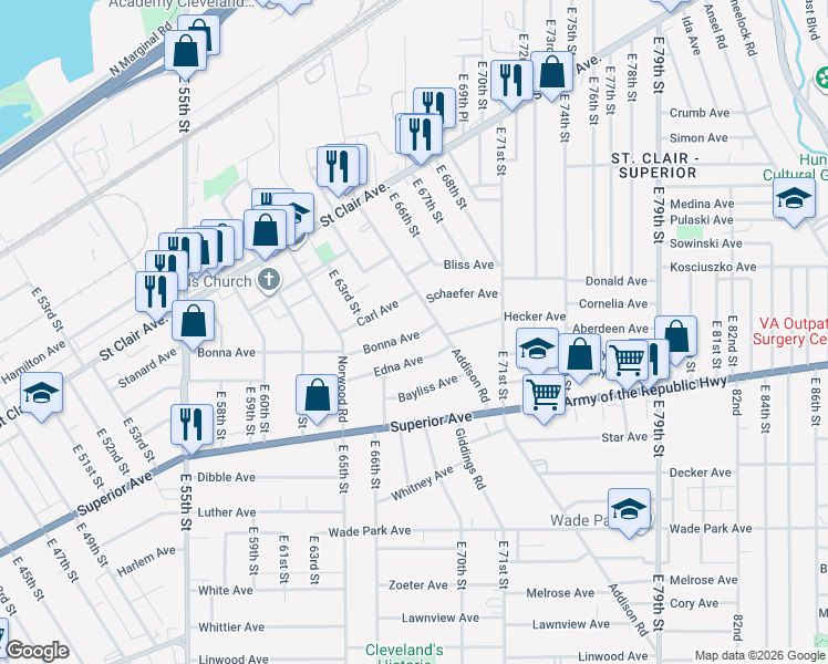 map of restaurants, bars, coffee shops, grocery stores, and more near 6719 Bonna Avenue in Cleveland