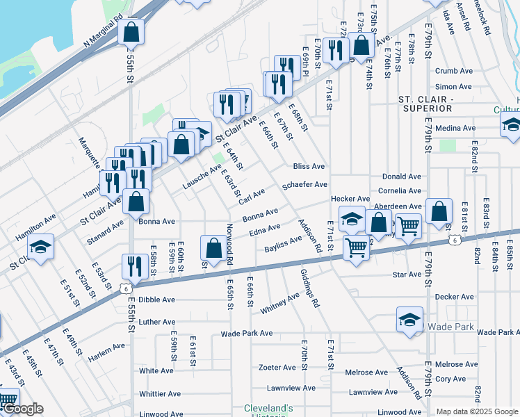 map of restaurants, bars, coffee shops, grocery stores, and more near 6719 Bonna Avenue in Cleveland