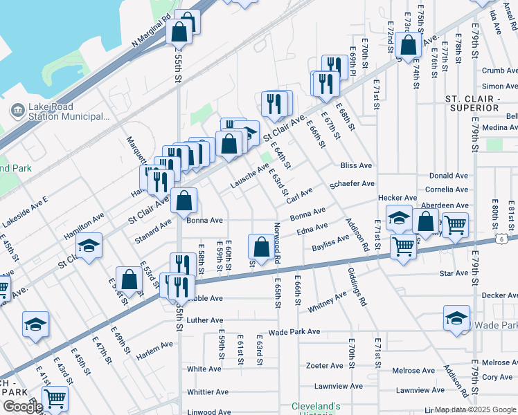 map of restaurants, bars, coffee shops, grocery stores, and more near 1180 Norwood Road in Cleveland