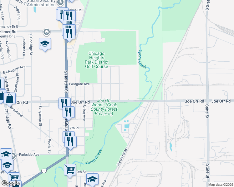 map of restaurants, bars, coffee shops, grocery stores, and more near 526 Normal Avenue in Chicago Heights