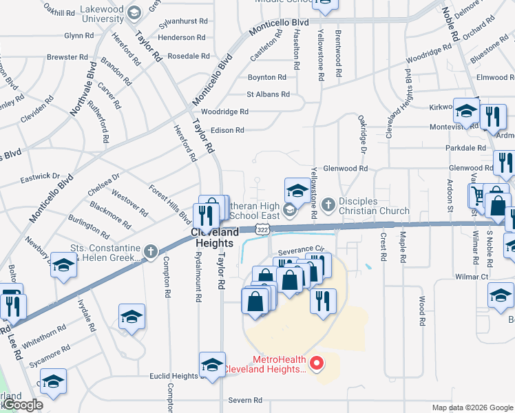 map of restaurants, bars, coffee shops, grocery stores, and more near 1405 Slate Court in Cleveland Heights
