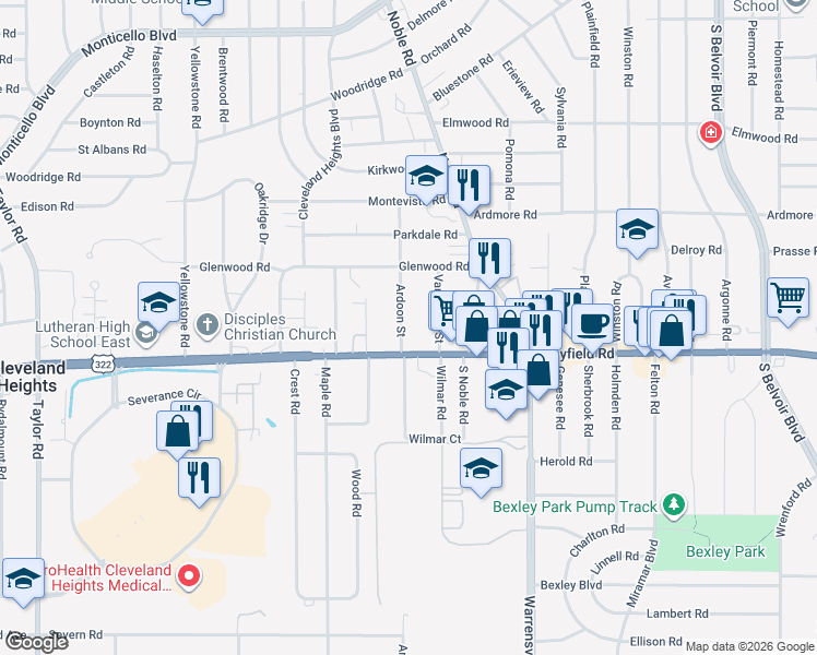 map of restaurants, bars, coffee shops, grocery stores, and more near 1411 Ardoon Street in Cleveland Heights