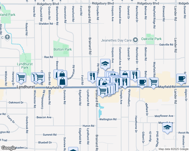 map of restaurants, bars, coffee shops, grocery stores, and more near 1419 Brainard Rd in Lyndhurst