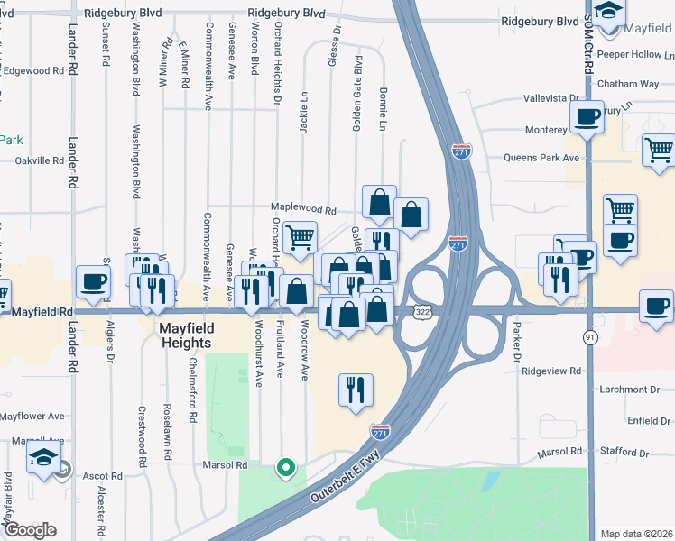 map of restaurants, bars, coffee shops, grocery stores, and more near 1432 Golden Gate Boulevard in Mayfield Heights