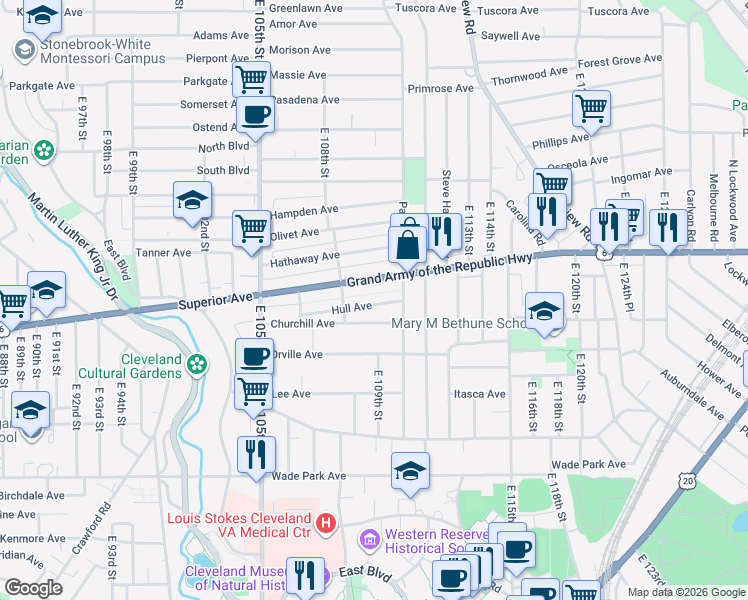 map of restaurants, bars, coffee shops, grocery stores, and more near 10901 Hull Avenue in Cleveland