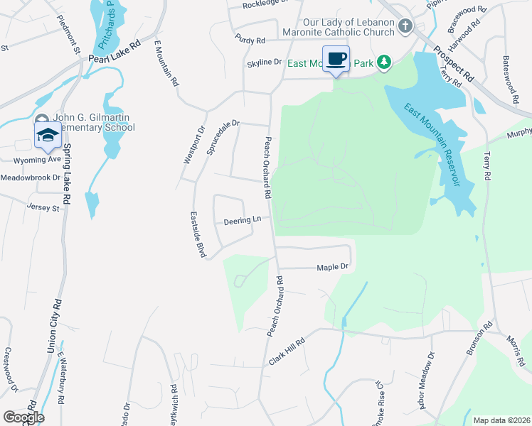 map of restaurants, bars, coffee shops, grocery stores, and more near 414 Peach Orchard Road in Waterbury