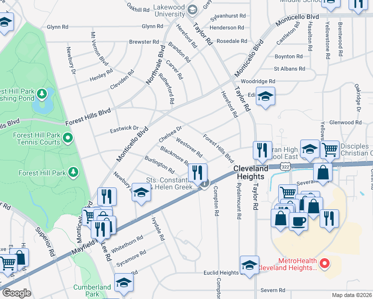 map of restaurants, bars, coffee shops, grocery stores, and more near 1437 Blackmore Road in Cleveland Heights