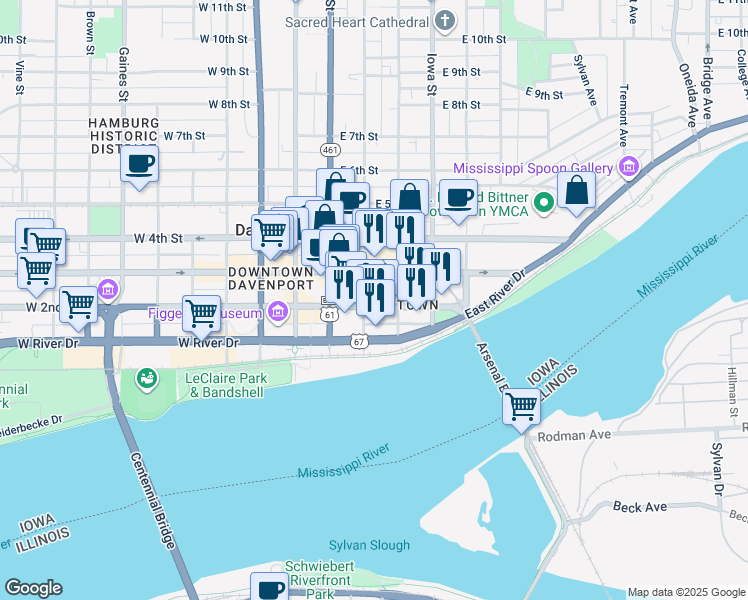 map of restaurants, bars, coffee shops, grocery stores, and more near 210 East 2nd Street in Davenport