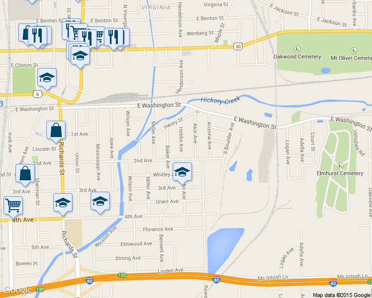 map of restaurants, bars, coffee shops, grocery stores, and more near 130 Hobbs Avenue in Joliet