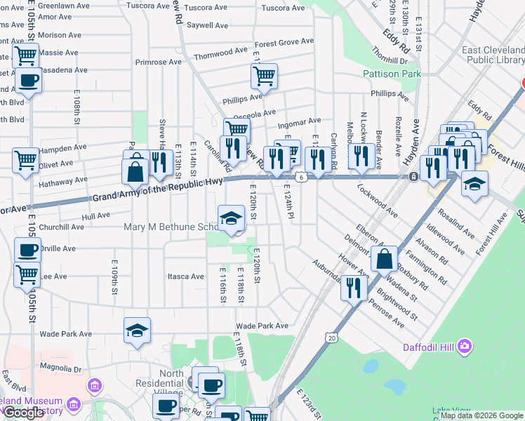 map of restaurants, bars, coffee shops, grocery stores, and more near 1354 East 123rd Street in Cleveland