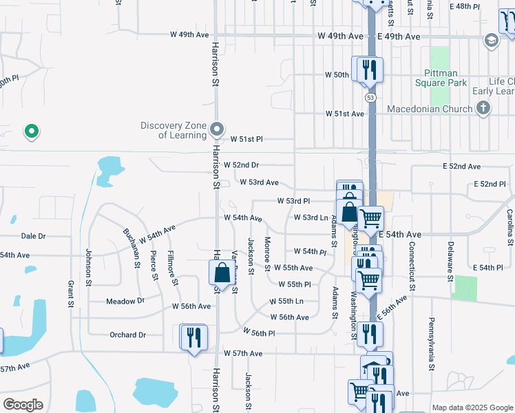 map of restaurants, bars, coffee shops, grocery stores, and more near 5353 Jackson St in Merrillville