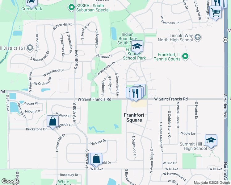 map of restaurants, bars, coffee shops, grocery stores, and more near 20244 South Greenfield Lane in Frankfort