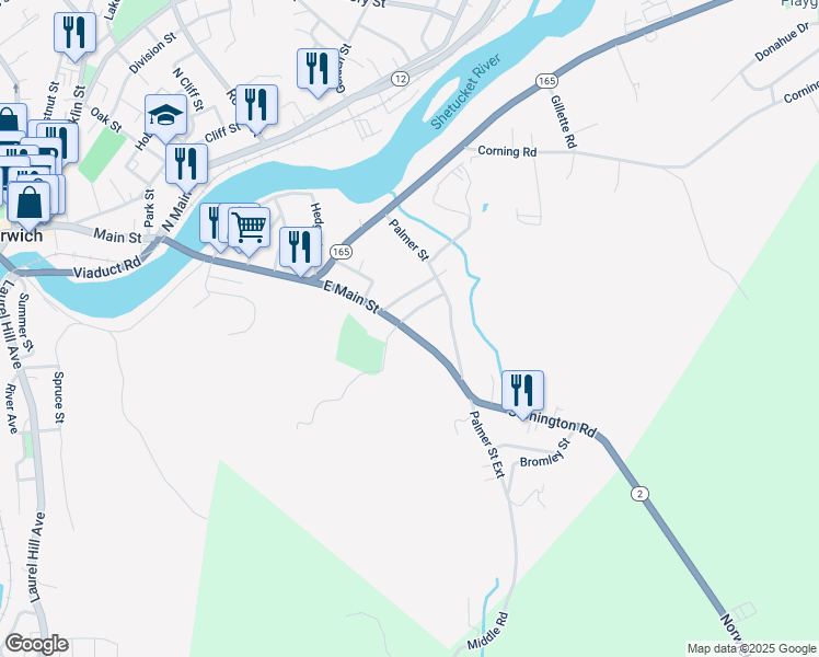 map of restaurants, bars, coffee shops, grocery stores, and more near 598 East Main Street in Norwich