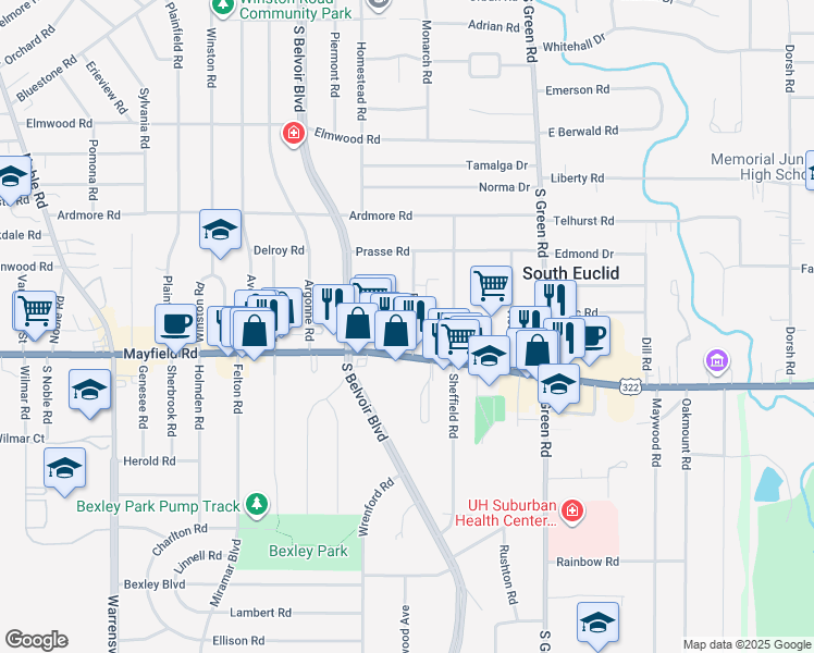 map of restaurants, bars, coffee shops, grocery stores, and more near 1408 Francis Ct in South Euclid
