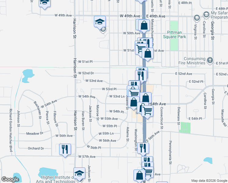 map of restaurants, bars, coffee shops, grocery stores, and more near 323 West 53rd Place in Merrillville