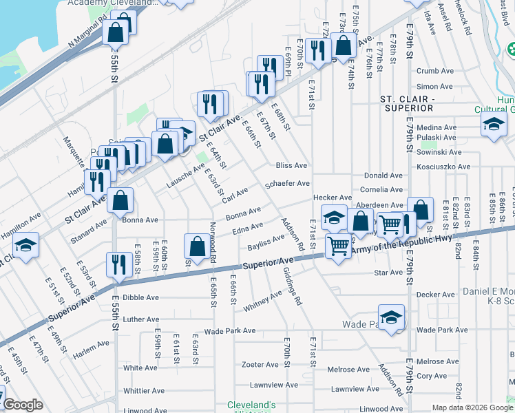 map of restaurants, bars, coffee shops, grocery stores, and more near 6719 Bonna Avenue in Cleveland