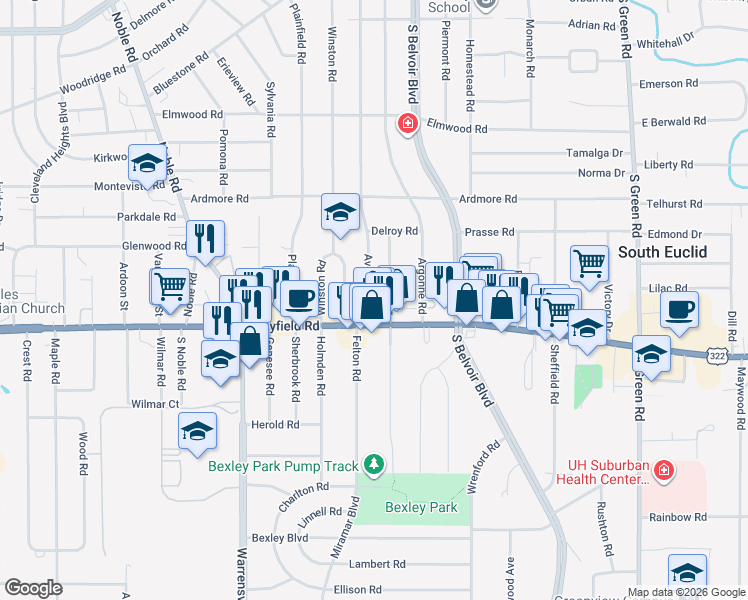 map of restaurants, bars, coffee shops, grocery stores, and more near 1411 Avondale Road in South Euclid