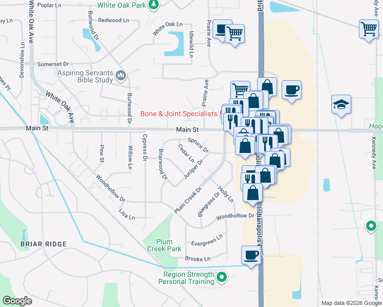 map of restaurants, bars, coffee shops, grocery stores, and more near 47 Cedar Lane in Schererville
