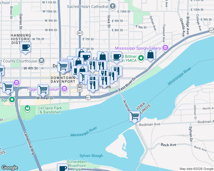 map of restaurants, bars, coffee shops, grocery stores, and more near 332 East 2nd Street in Davenport