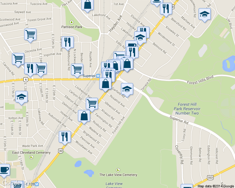 map of restaurants, bars, coffee shops, grocery stores, and more near 1832 Garfield Road in East Cleveland