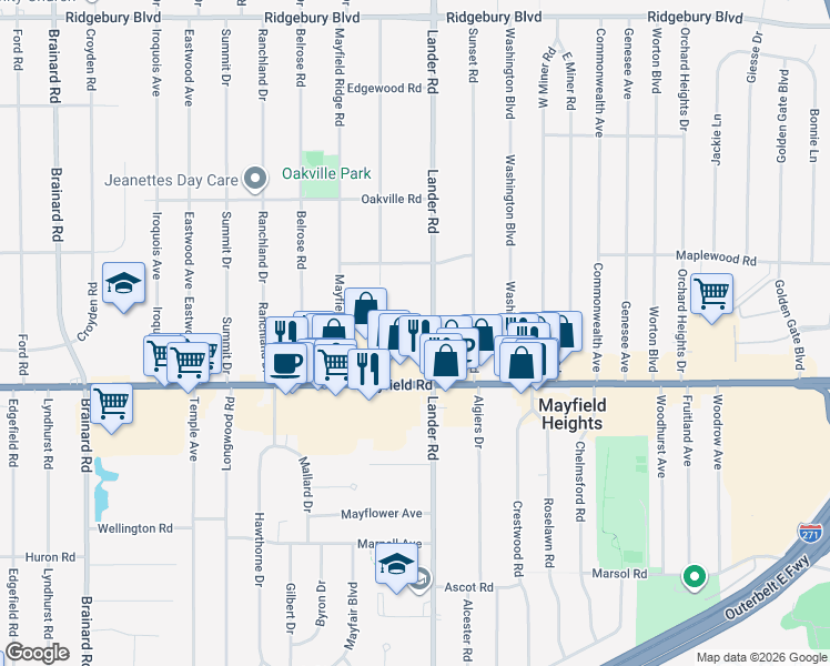map of restaurants, bars, coffee shops, grocery stores, and more near 1430 Lander Road in Mayfield Heights