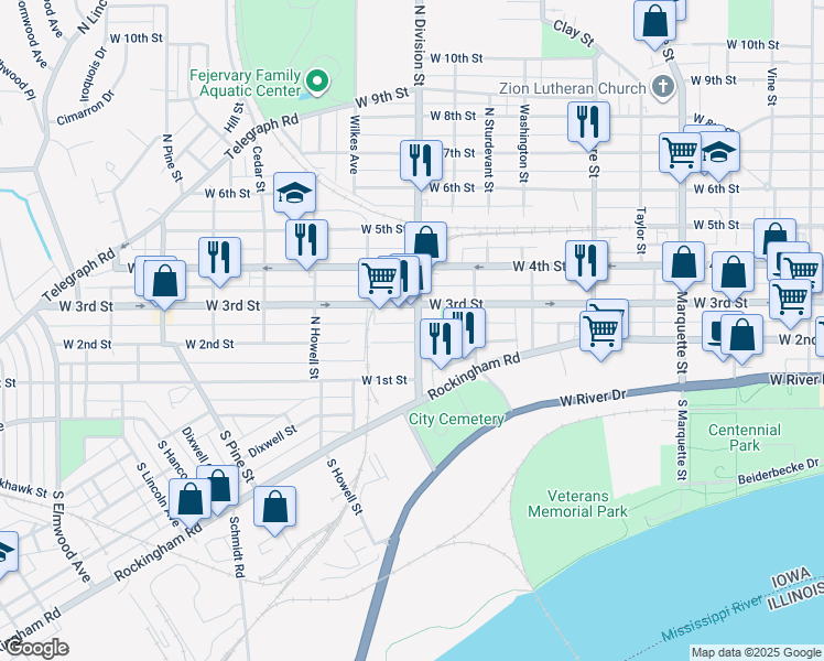 map of restaurants, bars, coffee shops, grocery stores, and more near 1675-1699 West 2nd Street in Davenport