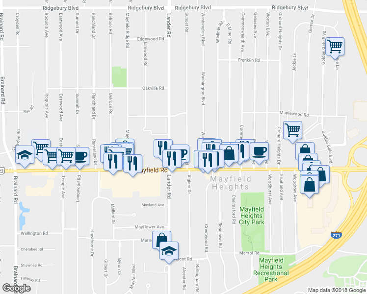 map of restaurants, bars, coffee shops, grocery stores, and more near 1428 Sunset Road in Mayfield Heights