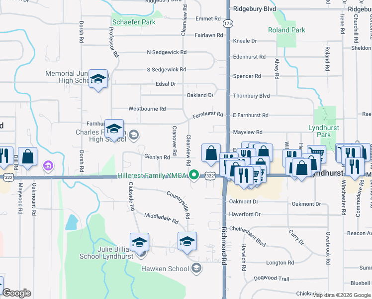 map of restaurants, bars, coffee shops, grocery stores, and more near 1408 Clearview Rd in Lyndhurst