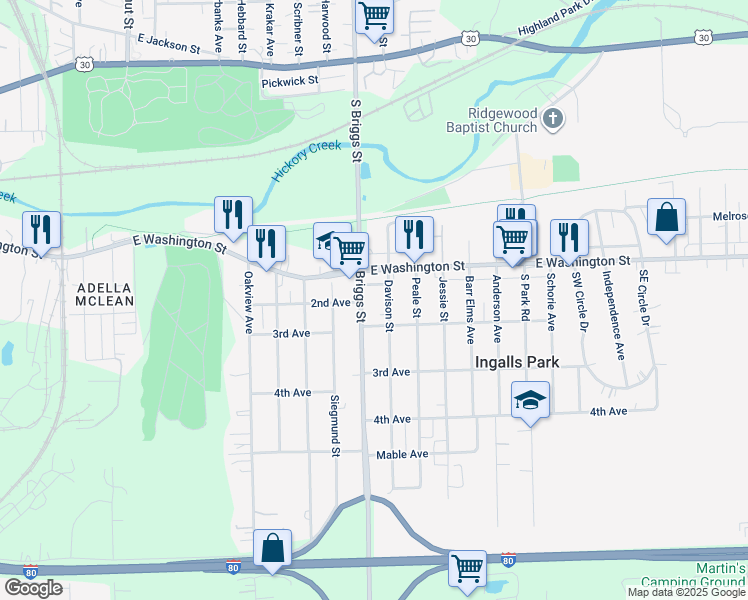 map of restaurants, bars, coffee shops, grocery stores, and more near 116 South Briggs Street in Joliet