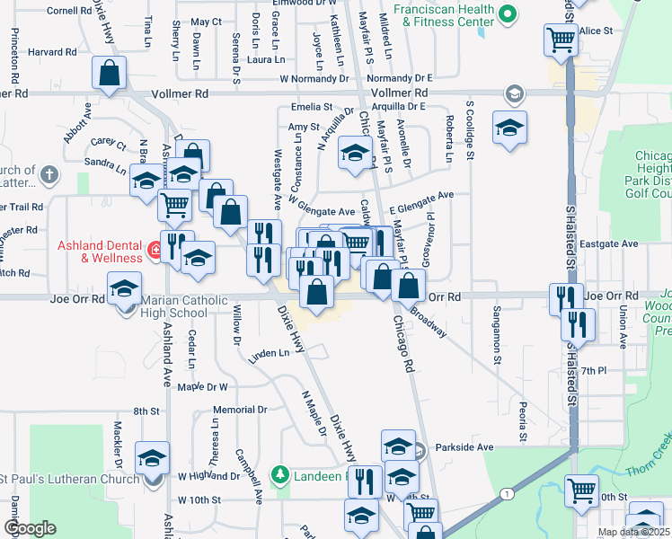 map of restaurants, bars, coffee shops, grocery stores, and more near 133 West Joe Orr Road in Chicago Heights