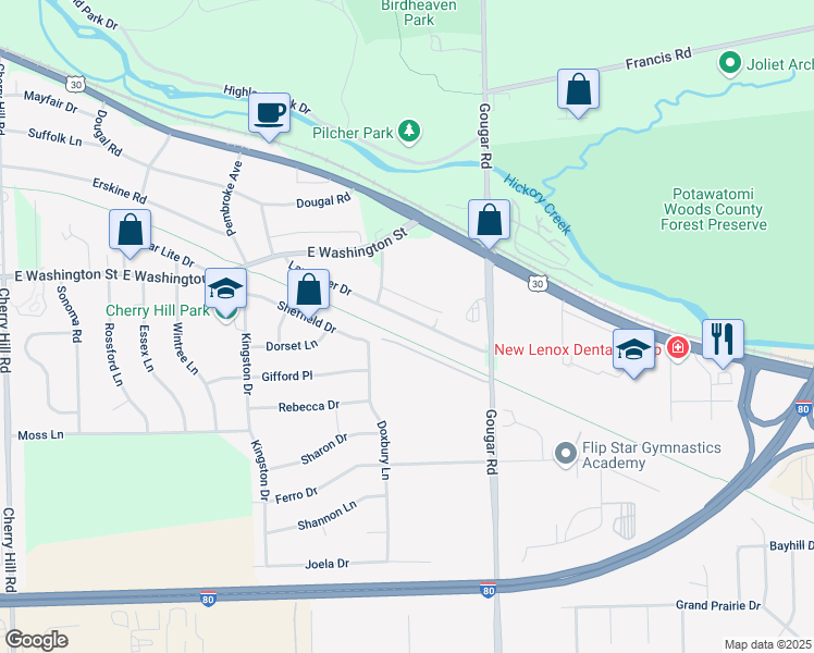 map of restaurants, bars, coffee shops, grocery stores, and more near 2738 Lancaster Drive in Joliet