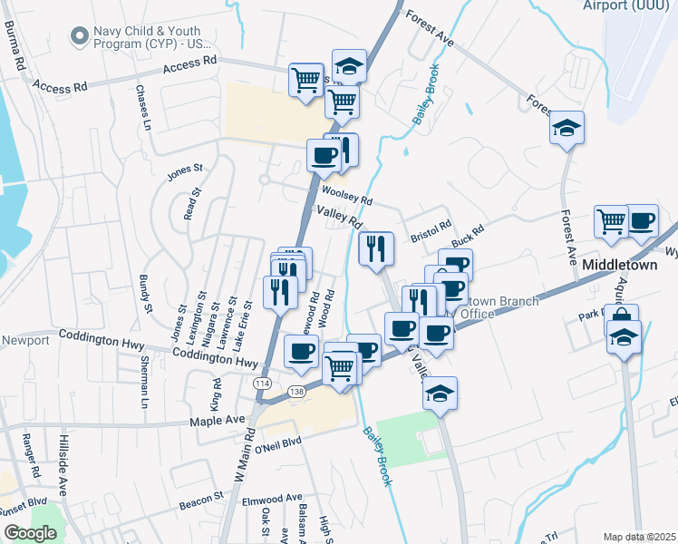 map of restaurants, bars, coffee shops, grocery stores, and more near 2 Wood Terrace in Middletown