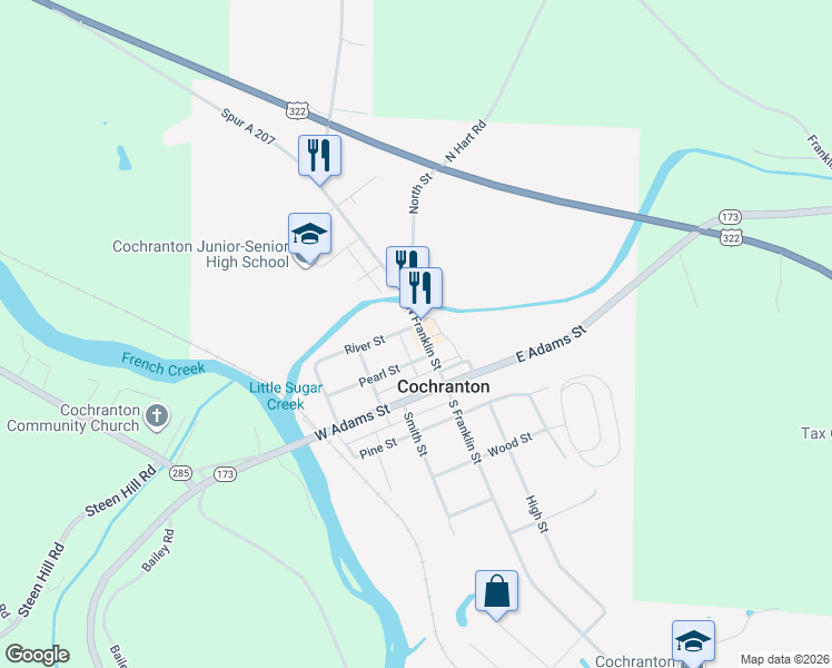 map of restaurants, bars, coffee shops, grocery stores, and more near 101 River Street in Cochranton