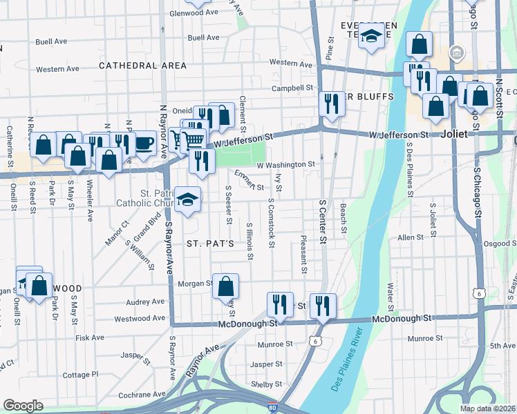 map of restaurants, bars, coffee shops, grocery stores, and more near 506 West Marion Street in Joliet