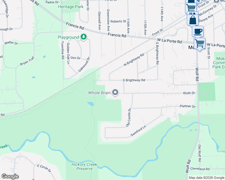 map of restaurants, bars, coffee shops, grocery stores, and more near 11646 Kluth Court in Mokena