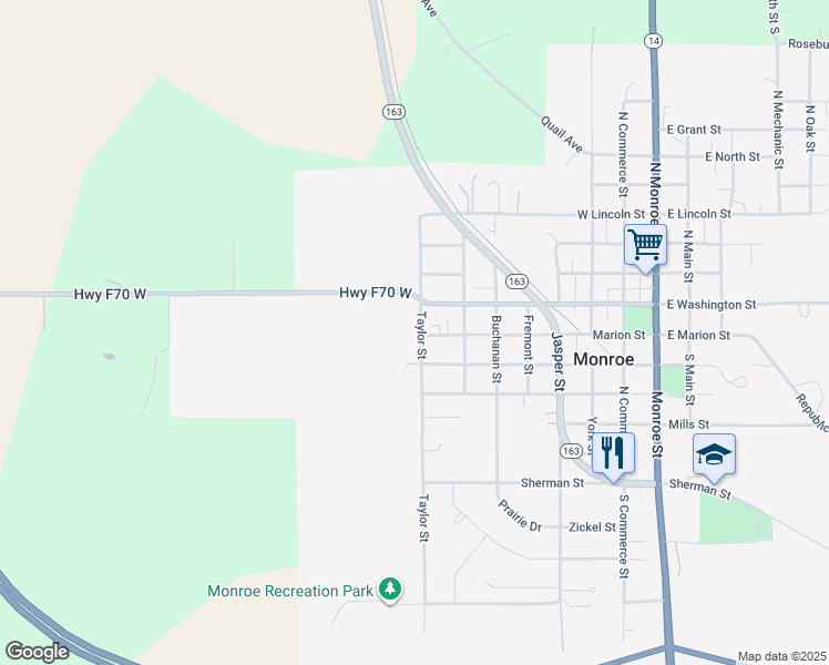 map of restaurants, bars, coffee shops, grocery stores, and more near 107 Taylor Street in Monroe