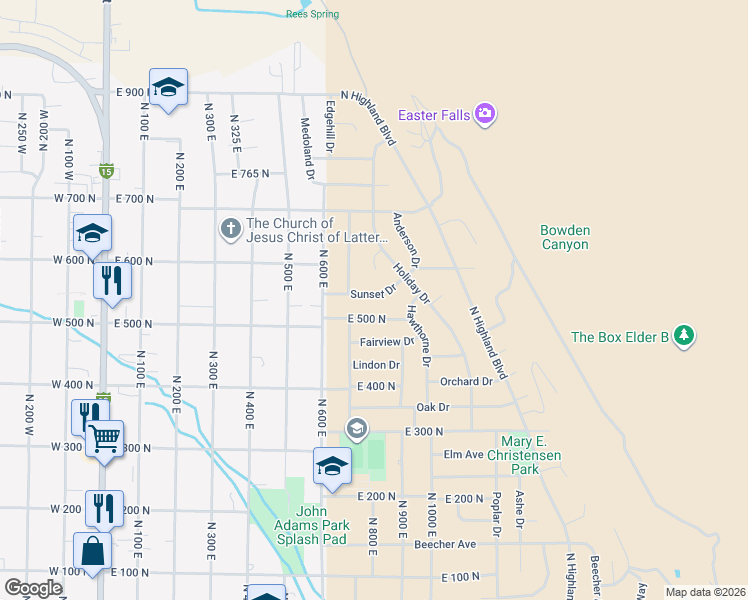 map of restaurants, bars, coffee shops, grocery stores, and more near 736 Sunset Drive in Brigham City