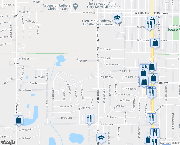 map of restaurants, bars, coffee shops, grocery stores, and more near 5330 Tyler Street in Merrillville